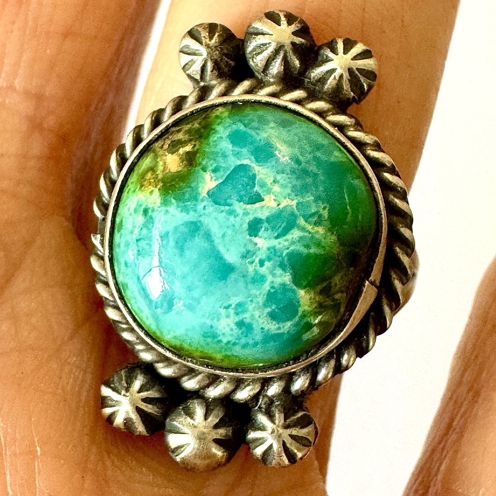 Navajo Sonoran Gold Turquoise Ring Sz 8 Sterling Native American Handmade